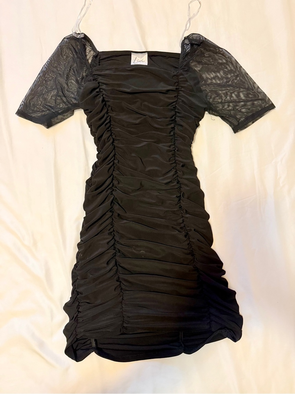 LivyBlack Ruched Mesh Sleeve Dress NWT